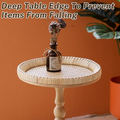 Small Side Table, Rattan Drink Table, Round Side Table for Small Spaces, Boho Circle End Table Coffee Table with Solid Wood Leg for Living Room, Pedestal Table for Bedroom, Corners - size: High: 25", style: Bohemian