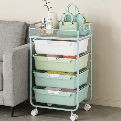 SYKIARIOL 4-Drawer Rolling Storage Cart with Mesh Top, Utility Craft Organizer Cart on Wheels with DIY Labels, Rolling Drawer Cart for Home Office Classroom Bedroom, Green - color: Green