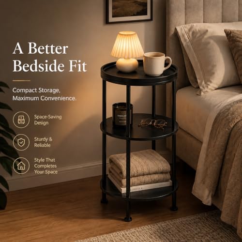 Small Round Side Table with Tray Top, 11.8" Narrow End Table, Black | 3-Tier Small Round End Table for Living Room & Bedroom, Modern Nightstand with Storage Shelf, Accent Table for Small Spaces - color: Black, style: Classic