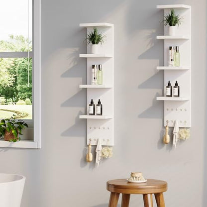 LitaEther 4 Tier White Lack Shelf Vanity Wall Shelf with 10 Crystal Hooks - Multi-Functional Storage for Makeup, Jewelry, Plants, Awards & Display (L7.1 x W5.5 x H30.7) (2)