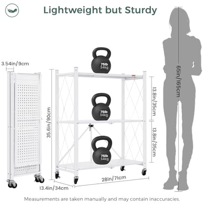 DEANIC 3 Tier Foldable Storage Shelves with Wheels, Large Capacity Shelving Unit, Freestanding Metal Wire Shelf Rack, No Assembly Organizer Rack for Garage Kitchen, Basement, Pantry(White Pack of 2) - color: White