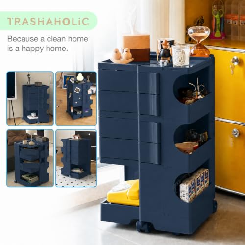 Rolling All-in-1 Utility Cart w Drawers for Arts and Craft + Designer Homes | 4 Swing-out Drawers + Open Shelves + Rolling Wheels For Kitchens, Salons, Home Offices, Hot Pot + Kids Rooms Dark Navy Blue - color: Navy Blue