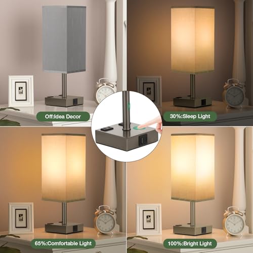 Grey Touch Lamps Set of 2 for Bedroom - Dimmable, USB C+A, 2 AC Outlets | 3-Way Dimming, 3000K LED Bulbs Included, Square Grey Lampshade Grey Base, Small Bedside Lamp for Nightstand, Desk - color: Grey-Grey