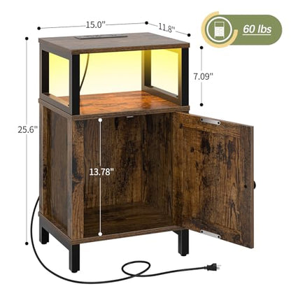 Yoobure Farmhouse NightStand with Charging Station，Wood Night Stand End Table with USB Ports, LED Bed Side Table with Storage Cabinet，Bedside Table for Bedroom, Living Room Rustic Brown - color: Rustic Brown
