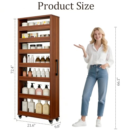 Rolling Spice Rack Next to Side of Fridge Storage Slim Narrow Shelf Lightweight 7 Tier Wooden Storage Cart for Kitchen, Dining Room, Bathroom, Small Spaces (Teak, 72.4" H x 9.8" W x 21.6" D) - color: Teak