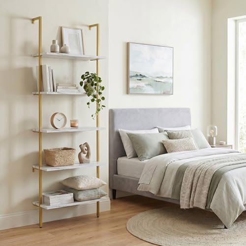 aboxoo Ladder Shelf 2PCS White Marble Bookshelf 5-Tier Wall-Mounted Wood Rack Open Industrial Modern Plant Flower Stand Utility Organizer Bookcase Metal Frame Furniture Office Kitchen Bedroom - color: White Marble 5-tier, size: 2PCS