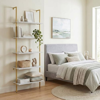aboxoo Ladder Shelf 2PCS White Marble Bookshelf 5-Tier Wall-Mounted Wood Rack Open Industrial Modern Plant Flower Stand Utility Organizer Bookcase Metal Frame Furniture Office Kitchen Bedroom - color: White Marble 5-tier, size: 2PCS