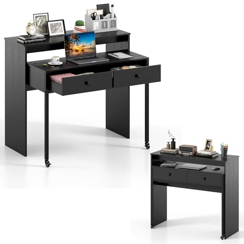 Giantex Small Computer Desk with Hutch & Drawers, Extendable Writing Desk w/Pull Out Secondary Table, Monitor Stand & Rolling Wheels, Console Table, Compact Desk for Small Spaces, Home Office (Black) - color: Black