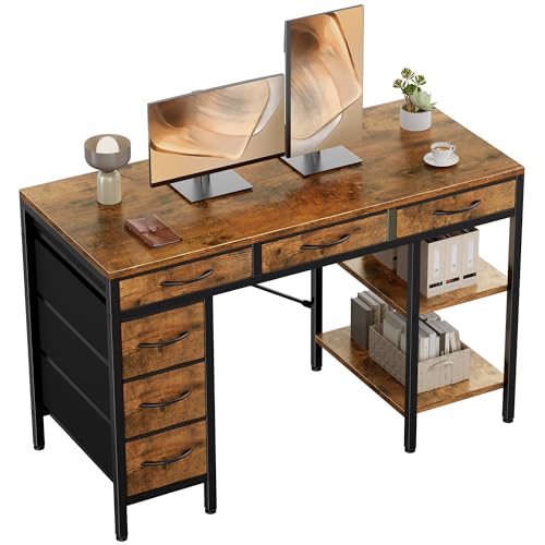 OLIXIS Computer desk with 6 Drawers, 47 inch Office workstation with Storage Shelves, Reversible Gaming setup, Corner table with Storage Drawers, Work for Home Office, Study, Living Room, Rustic Brown - color: Rustic Brown, size: 47 inch