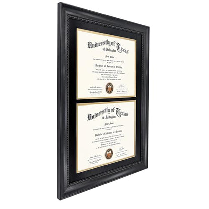 GMFrames Double 8.5x11 Diploma Certificate Frame, Solid Wood & Tempered Glass, Cherry Lacquer Finish & Intricate Rope Detail, Black over Gold Mat - color: Black, size: 14x20 for Double 8.5x11