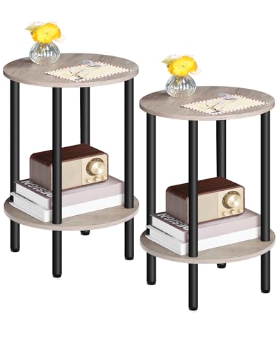 CHOEZON Side Table Set of 2, Round End Table, 2-Tier Small Nightstand with Sturdy Metal Tube, Industrial Coffee Table, for Living Room, Bedroom, Greige and Black TBZ01P2BG - color: Greige + Black