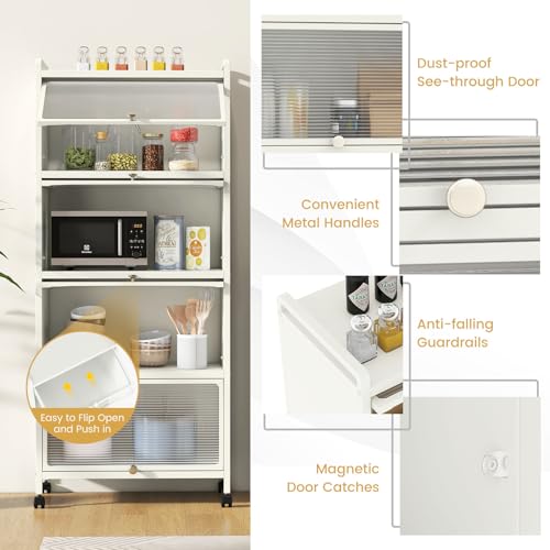 5-Tier Kitchen Storage Cabinet, Mobile Microwave Stand with Metal Frame, 4 Lockable Casters & Flip-up PC Doors, Freestanding Bakers Rack for Kitchen, Dining Room, Living Room (White) - color: White