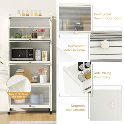 5-Tier Kitchen Storage Cabinet, Mobile Microwave Stand with Metal Frame, 4 Lockable Casters & Flip-up PC Doors, Freestanding Bakers Rack for Kitchen, Dining Room, Living Room (White) - color: White