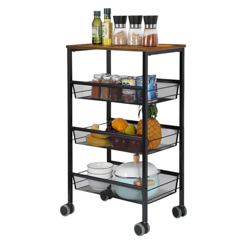 Kitchen Cart with Drawers, 4-Tier Rolling Cart with Wood Tabletop, Lockable Wheels Utility Storage Cart, Vegetable Organizer for Kitchen, Serving Cart with Mesh Basket, Industrial Brown