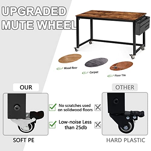 AHB 55" Rolling Computer Desk with 4 Smooth Wheels, Simple Style Mobile Writing Desk Home Office Study Table Movable Workstation with Metal Frame - color: Brown, size: 55"