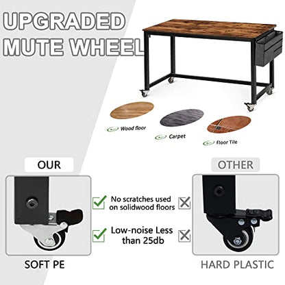 AHB 55" Rolling Computer Desk with 4 Smooth Wheels, Simple Style Mobile Writing Desk Home Office Study Table Movable Workstation with Metal Frame - color: Brown, size: 55"