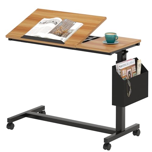 Tribesigns Height Adjustable C-Shaped Table with Wheels, Mobile Couch Side Table with with Tiltable Drawing Board, Portable Sofa Bedside Laptop Stand C Shaped Desks for Living Room, Bedroom