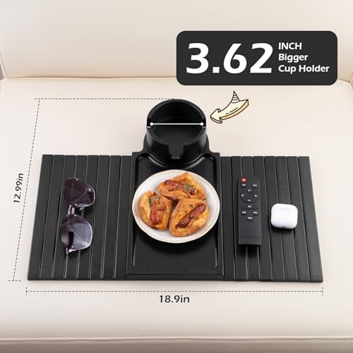 GHKINMAL Couch Cup Holder Tray, 3 in 1 Large Couch Arm Trays,Bamboo Chair Clip on Tray with 360° Ratated Phone Holder for Couch,Armrest Tray for Snacks,Remote,Phone - color: Black