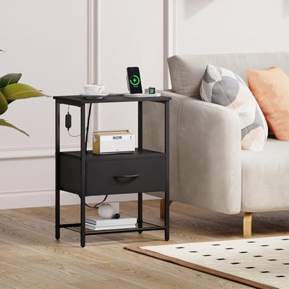 Somdot Nightstand Set of 2 with Charging Station & LED Light, Bedside Table | Dorm, Guest Room, Kids Room, Laundry, Closet, Entryway and Hallway, Black - color: Black, size: 11.8"D x 15.7"W x 23.4"H (1 Drawers)