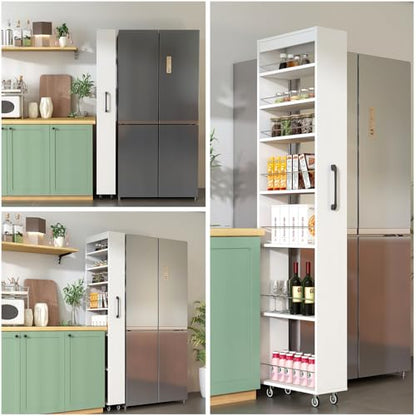 7-Shelf Tall Narrow Storage Cabinet with Wheels, 71 Inch, White | Slim Pull-Out Organizer, 7.87 Inch Wide for Small Spaces Between Washer/Dryer, Kitchen, Bathroom and Laundry Room - color: E-white