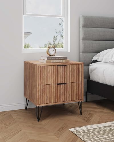 20" Sturdy Metal Legs Small Nightstand, Modern Nightstand with Textured Drawers, Storage Cabinet for Indoor Home use, Brown - color: Brown