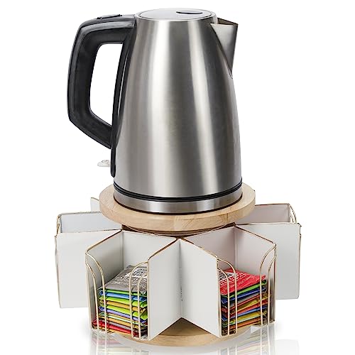 Made Easy Kit Metal Carousel Tea Bag Organizer & Kettle Stand Caddy- Modern Countertop Storage Solution for Tea Bags - Convenience for Home, Office, Kitchen (White) - color: White