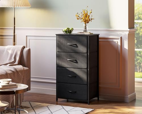 AODK Small Dresser for Bedroom with 4 Storage Drawers, Black | Dressers Chest of Drawers Fabric Dresser with Sturdy Steel Frame, Dressers for Closet with Wood Top - color: Black