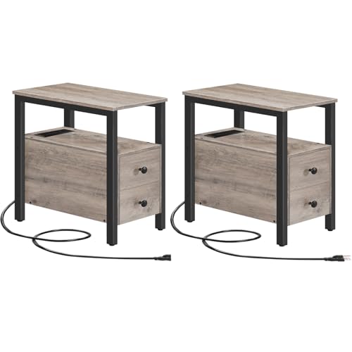 HOOBRO Set of 2 End Tables with Charging Station, Narrow Side Table with Drawers & USB Port & Power Outlets, Nightstand for Small Spaces, Living Room, Stable, Greige and Black BG541BZP201 - color: Greige + Black