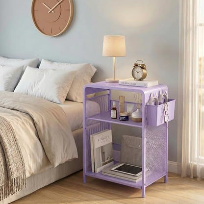 ECOLOVI 3 Tier Printer Stand for Under Desk, Height Adjustable Shelf Small Printer Table with 3 S-Hooks & Basket, Heavy Duty Industrial Storage Shelf for Home Office (Purple Metal) - color: Purple