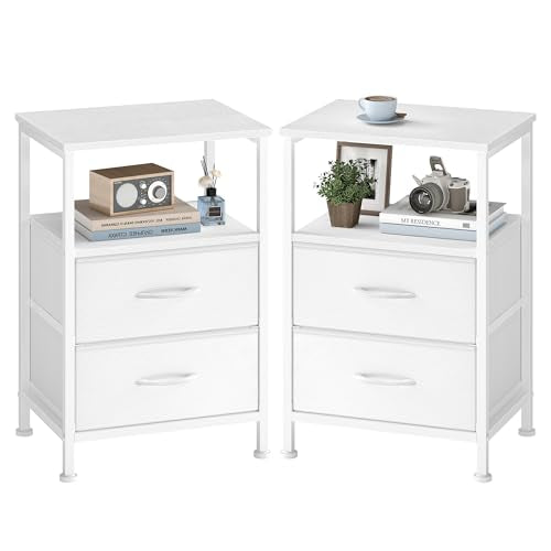 SONGMICS Nightstand, Bed Side Table, End Table with 2 Drawers | 1 Open Shelf, Industrial, Set of 2, Cloud White, BELLAH Collection ULGS062W101S - color: Cloud White, style: 2 Drawers-2Pc