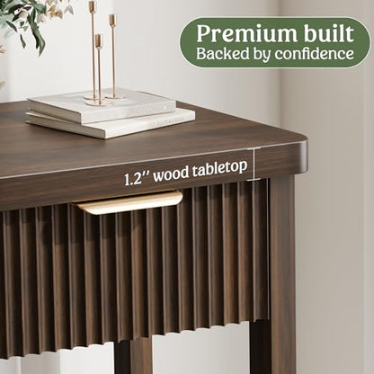 Fluted Console Table, 51 Inch Entryway Table with 3 Drawers | Scandi farmhouse look with quiet full-extension slides, open lower shelf, profile for hallway, entry, foyer or behind sofa. - color: Walnut
