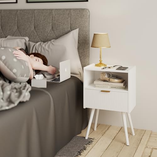 JOONEE White Nightstand,Modern Bedside Table with Storage Drawer and Open Wood Shelf, for Living Room, Bedroom and Small Spaces, Accent Night Stand with Solid Wood Legs, Easy Assembly,Classic White - color: White