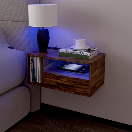 Homaterial Floating Nightstand with Charging Station and LED Lights, Floating Bedside Table with Drawers Wall Mounted Nightstands,for Bedroom Room, 21.3" x 11.8" x 10",Rustic Brown - color: Rustic Brown