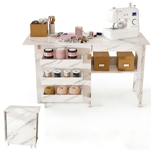 4-in-1 Folding Sewing Table with Storage (45 Inch) | Sewing Desk Foldable with Lockable Wheels & Power Socket, Sewings Machine Cabinet & Craft Desk with Shelves, Compact Design - color: White, size: 45 Inch