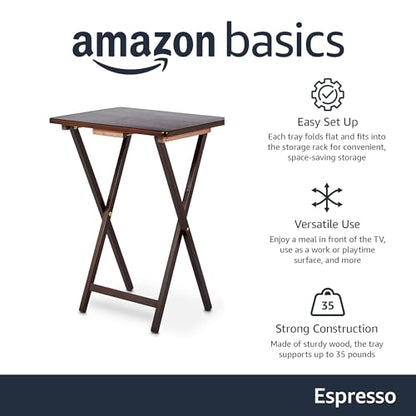 Amazon Basics Portable Foldable TV Tray Table with Storage Rack, Space-Saving Design, Sturdy Wood, 14.6"L x 19"W x 26"H, Espresso, 4-Pack - color: Espresso