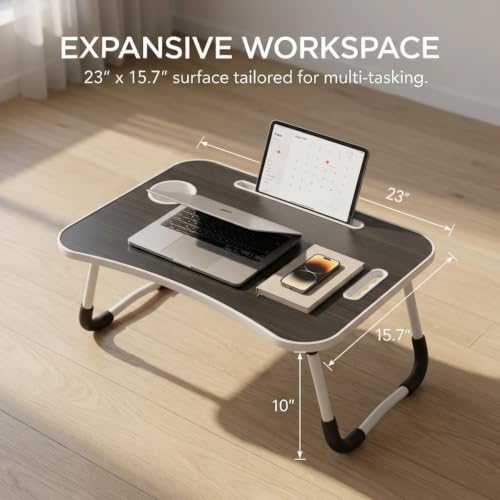 BUYIFY 23" Foldable Lap Desk for Laptop Writing w/Cup Holder Black | Sturdy and Durable, Laptop Bed Desk with Tablet Slot, No Assembly, Space Saving for Bed Couch Dorm WFH Students - color: Black-gold