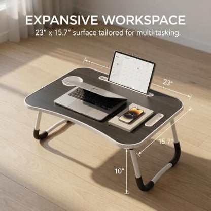 BUYIFY 23" Foldable Lap Desk for Laptop Writing w/Cup Holder Black | Sturdy and Durable, Laptop Bed Desk with Tablet Slot, No Assembly, Space Saving for Bed Couch Dorm WFH Students - color: Black-gold