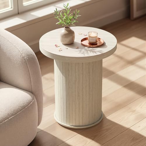 VASAGLE Round Side Table, Tambour End Table, Mid Century Modern Nightstand, Easy Assembly, for Small Spaces, Living Room, Bedroom, Home Office, 17.7 x 19.7 Inches, Travertine Beige ULET295L101 - color: Travertine Beige, size: Round