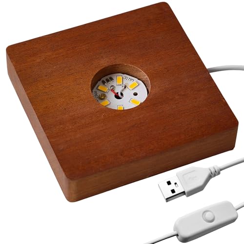 Wooden LED Light Base Display Lighted Base for Crystals - Brown Square Wood Display Lighted Bases Pedestal Stand for Room Office Home Decor