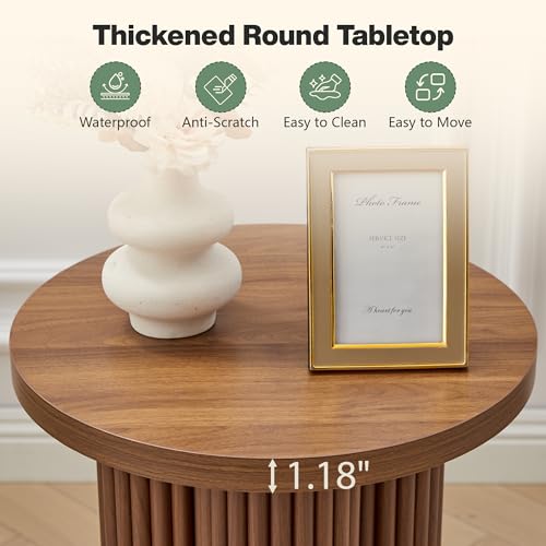 Round Fluted End Table, 17.7'' Mid Century Modern Side Table, Circle Bedside Tables Drink Table Wood Nightstand for Small Spaces, Living Room (Walnut-1PCS) - color: Walnut-1pcs