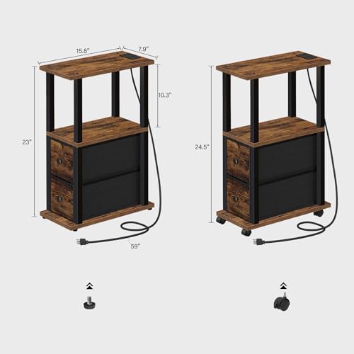 TUTOTAK Small Narrow End Tables, Side Tables with 2 Fabric Drawers, Set of 2, Bedside Tables with Charging Station for Small Spaces, Slim Nightstands with USB Ports and Wheels, TB01BB053C - color: Brown and Black, style: with Outlets