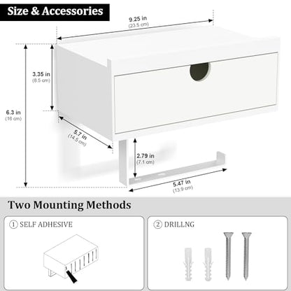 Domax White Toilet Paper Holder with Shelf,Wall Mount/Adhesive Bathroom Toilet Paper Holder,Bamboo Wood Tissue Toilet Roll Holder with Storage Drawer for Organizer Wipes,Fits Any Room, Large - color: White