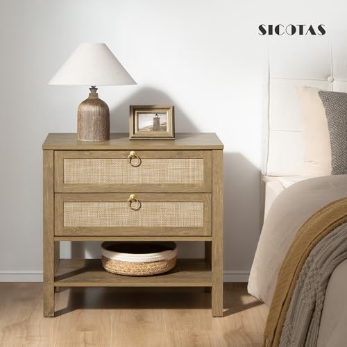 SICOTAS 26.7" Wide Rattan Nightstand with 2 Drawers & Open Shelf End Table | Large Night Stand with Storage Shelf, Coastal Boho Bedside Table for King Bed, Bedroom, Guest Room, Apartment, and End Table - color: Light Walnut