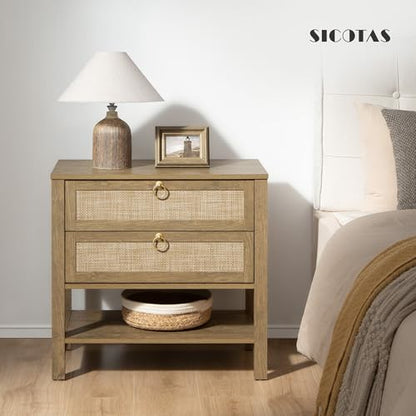 SICOTAS 26.7" Wide Rattan Nightstand with 2 Drawers & Open Shelf End Table | Large Night Stand with Storage Shelf, Coastal Boho Bedside Table for King Bed, Bedroom, Guest Room, Apartment, and End Table - color: Light Walnut