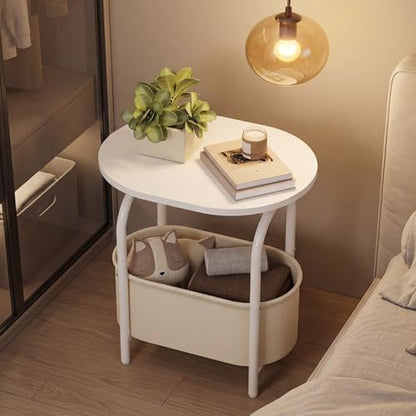 RALGEND Small Round Side Table with Fabric Basket Storage, Oval End Table for Small Spaces, Modern Coffee Bedside Table, Couch Side Table for Living Room, 15.7" X 11.8" X 24", White and Beige 8601BZWT - color: White and Beige