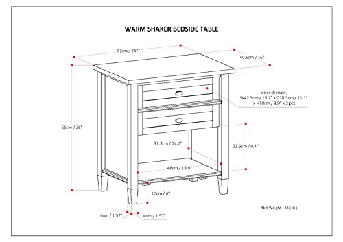 SIMPLIHOME Warm Shaker Bedside Table - 24 inch Wide Solid Wood Nightstand in White, Transitional Bedroom Side or End Table with 2 Drawers, Open Shelf Storage and Brushed Nickel Hardware - color: White