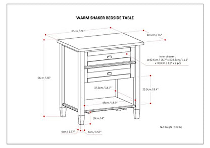 SIMPLIHOME Warm Shaker Bedside Table - 24 inch Wide Solid Wood Nightstand in White, Transitional Bedroom Side or End Table with 2 Drawers, Open Shelf Storage and Brushed Nickel Hardware - color: White