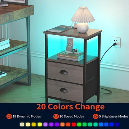 sthmec Nightstand with Charging Station, LED Night Stand Set of 2, Bedside Table End Table with Drawer, Bedroom Tables with 2 Fabric Drawers, 3-Tier Storage Side Table for Bedroom,Grey - color: Grey