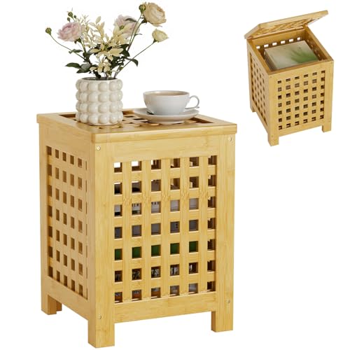 Bamboo End Table with Removable Cushion and Hidden Storage, 2-in-1 Ottoman Side Table with Breathable Grid Design for Small Space, Living Room, Bedroom, Balcony, Entryway