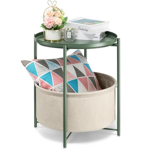 danpinera Small Round Side Table with Storage Basket, Removable Tray Top | Metal End Table for Small Space, Living Room, Bedroom, Nursery, Laundry, Modern Nightstand with Removable Tray, Green - color: Dark Green
